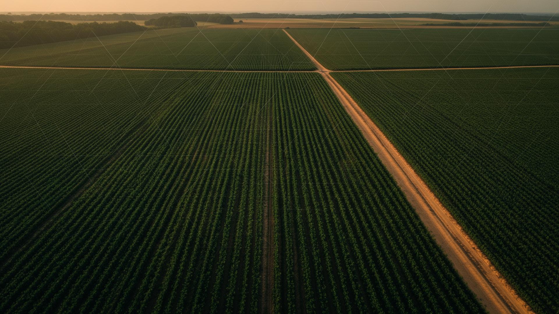 Aerial view of farmland fields at golden hour