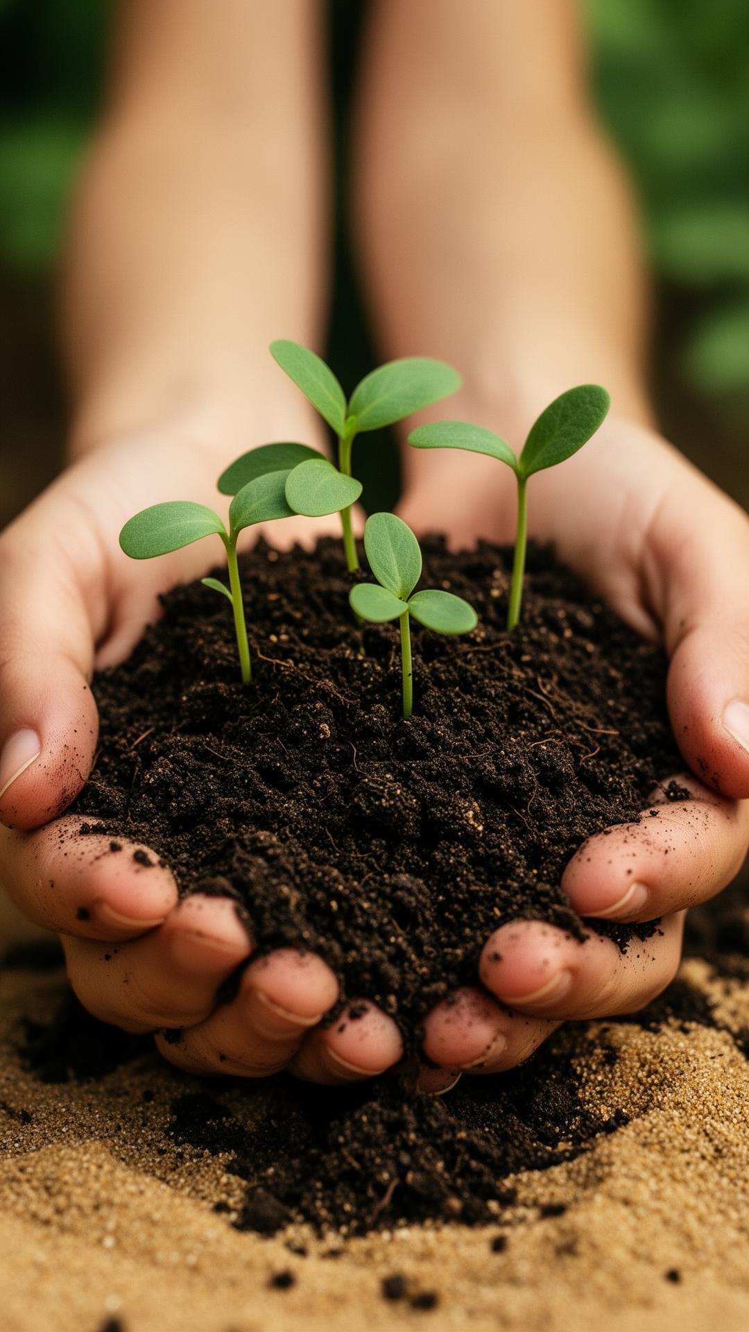 Hands holding rich soil with seedlings